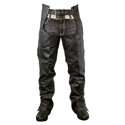 A pair of Vance Leather Zip-Out Insulated and Lined Plain Biker Leather Chaps, Unisex, worn over blue jeans, shown from the front with a belt at the waist and snap closures at the ankles.