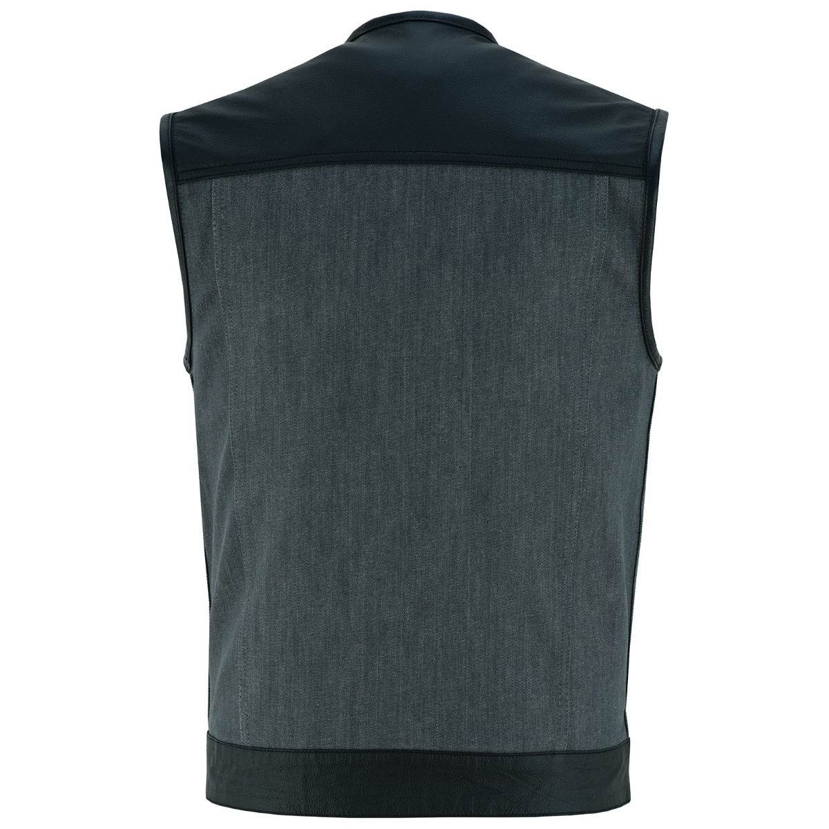 The Vance Leather Men's Denim & Leather Motorcycle Vest w/CCW Pockets is a sleeveless gray club-style vest with a black top panel and trim, viewed from the back, featuring a concealed carry pocket.