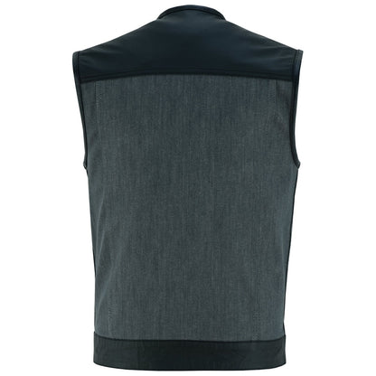 The Vance Leather Men's Denim & Leather Motorcycle Vest w/CCW Pockets is a sleeveless gray club-style vest with a black top panel and trim, viewed from the back, featuring a concealed carry pocket.