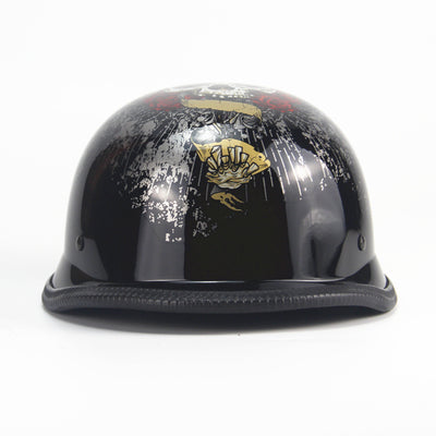 A Skull Cap Motorcycle Helmet, Gloss Black with impact resistance and a skull and crossbones design.