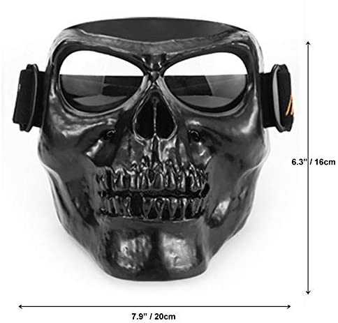 A high-quality image of a Skull Face Mask with Goggles with measurements.