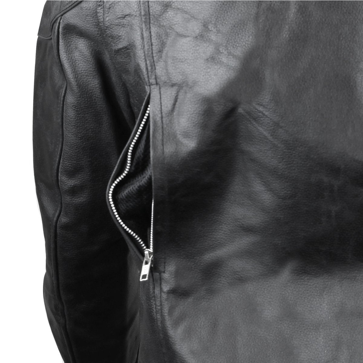 Close-up of the Vance Leather Men's Racer Jacket with Zippered Vents in black leather, with the side zipper partially open, showcasing its sleek Euro Style Collar.