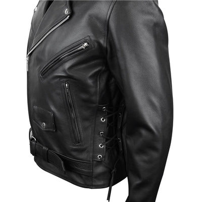 Vance Leather Men's Basic Classic Motorcycle Jacket with Lace Sides & Zip out Liner