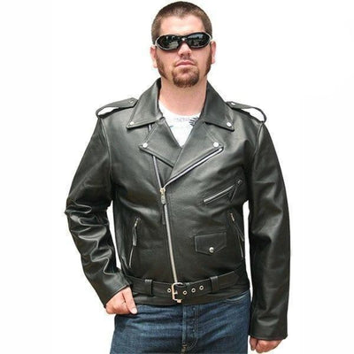 Vance Leather Men's Classic Motorcycle Leather Jacket Plain Side w/Belted Waist