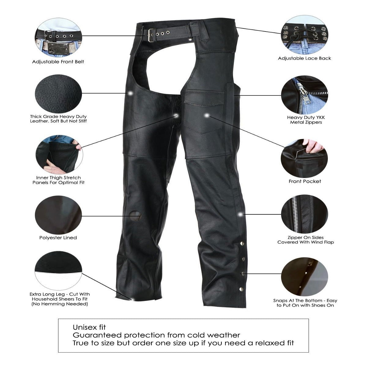 Vance Classic Biker Leather Chaps, Unisex