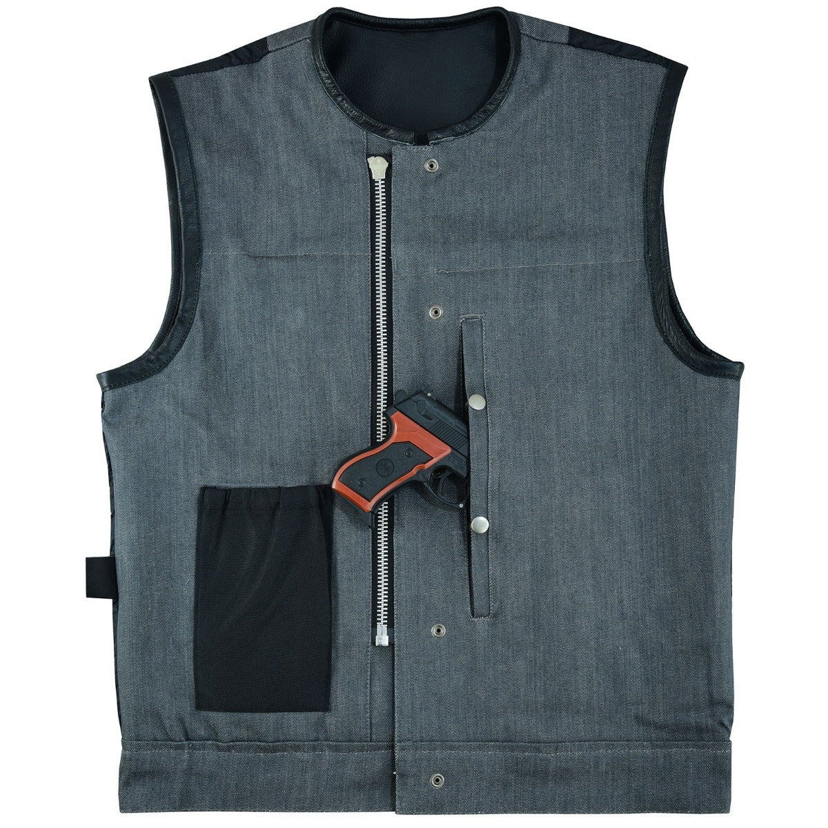 The Vance Leather Men's Denim & Leather Motorcycle Vest w/CCW Pockets is a sleeveless gray tactical vest with a front zipper, featuring a concealed carry pocket for a handgun, and exudes the rugged feel of Denim & Leather.