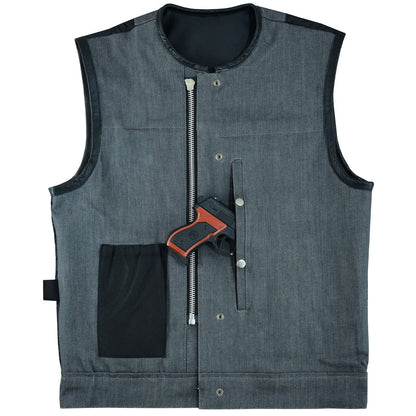 The Vance Leather Men's Denim & Leather Motorcycle Vest w/CCW Pockets is a sleeveless gray tactical vest with a front zipper, featuring a concealed carry pocket for a handgun, and exudes the rugged feel of Denim & Leather.