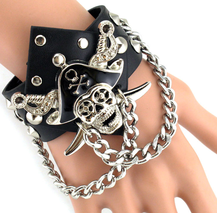Badass Rockstar Bracelets w/ Metal Spikes 3 Pcs, 8.6 x 1.6 in, Black/Silver - American Legend Rider