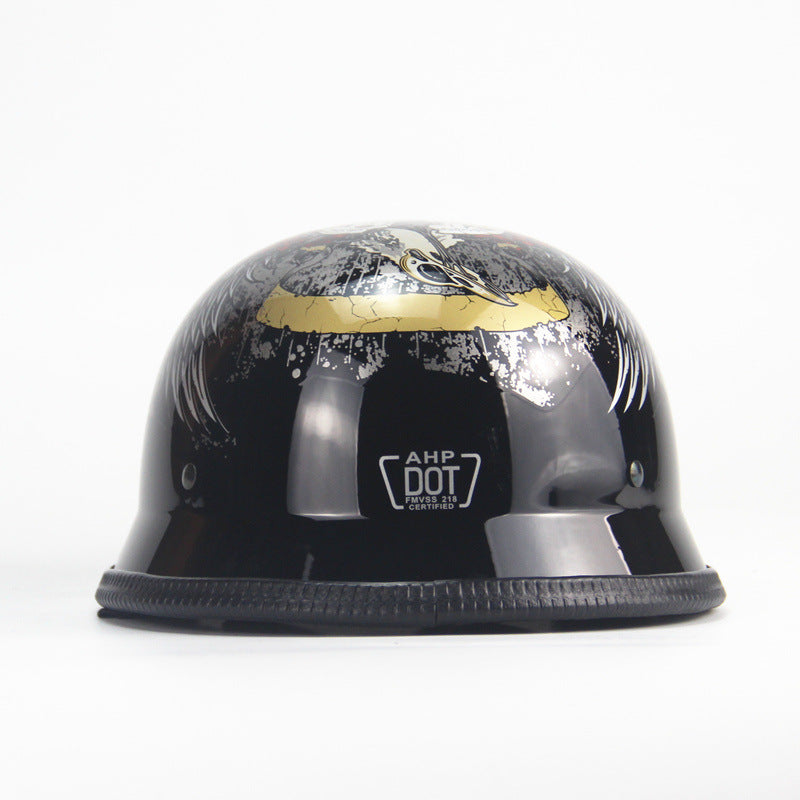A Skull Cap Motorcycle Helmet, Gloss Black with an eagle on it.