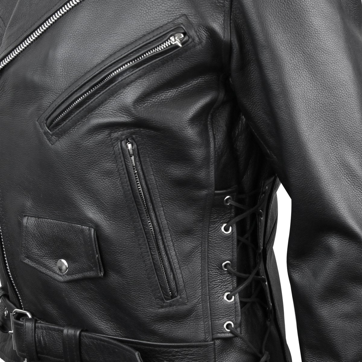 Vance Leather Men's Basic Classic Motorcycle Jacket with Lace Sides & Zip out Liner