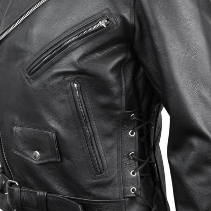 Vance Leather Men's Basic Classic Motorcycle Jacket with Lace Sides & Zip out Liner