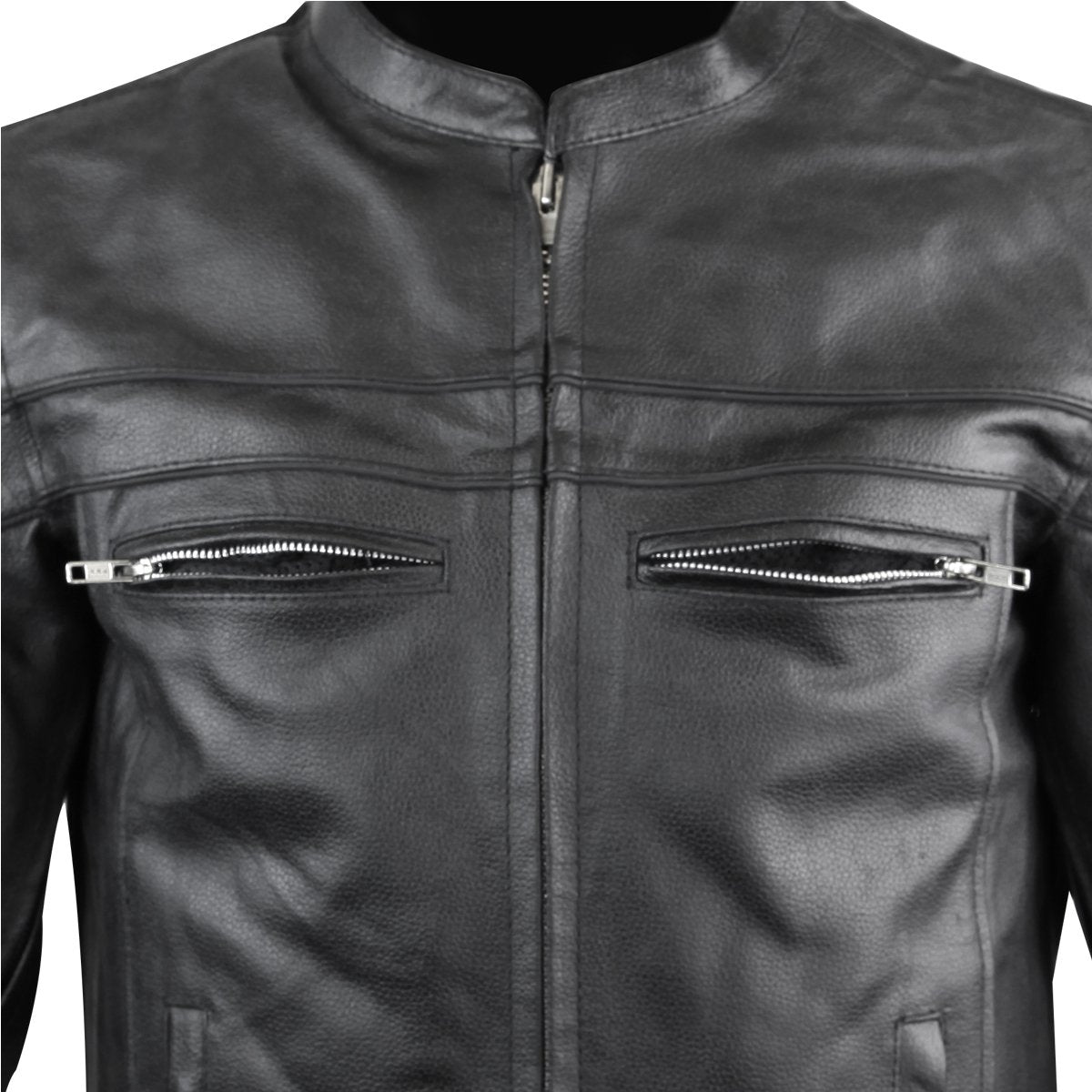 Close-up of the Vance Leather Men's Racer Jacket with Zippered Vents, highlighting its two horizontal zippered chest pockets and Euro style collar.