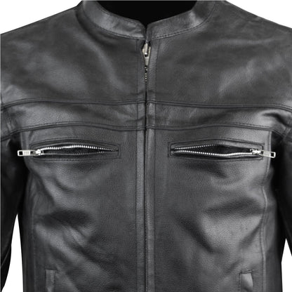 Close-up of the Vance Leather Men's Racer Jacket with Zippered Vents, highlighting its two horizontal zippered chest pockets and Euro style collar.