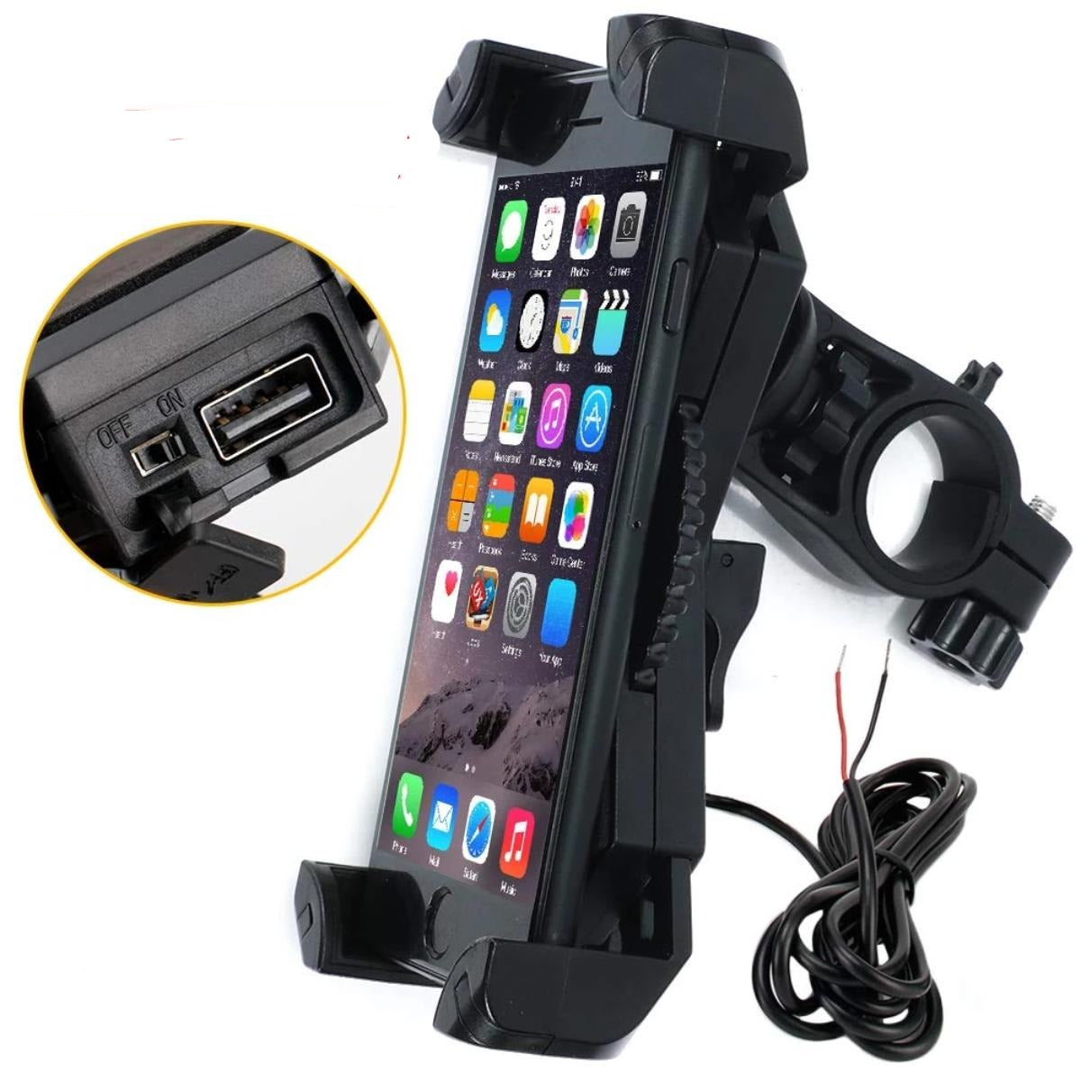 A Motorcycle Phone Mount with USB Charger Port.