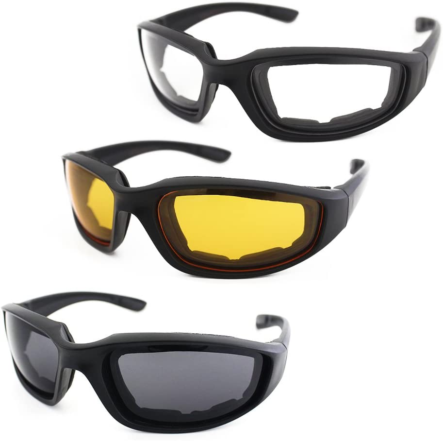 Three pairs of Polarized Riding Sunglasses designed for bug and wind protection.