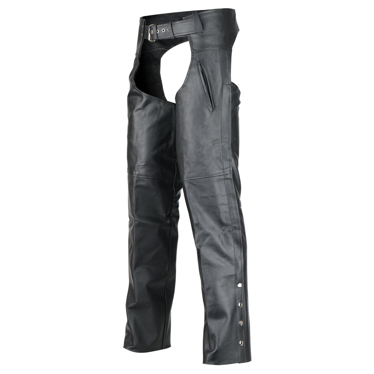 The Vance Women's Deep Pocket Motorcycle Leather Chaps, made from heavy-duty cowhide leather, feature front zipper pockets, an adjustable waist belt, and snap buttons running down the sides.