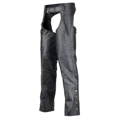 The Vance Women's Deep Pocket Motorcycle Leather Chaps, made from heavy-duty cowhide leather, feature front zipper pockets, an adjustable waist belt, and snap buttons running down the sides.