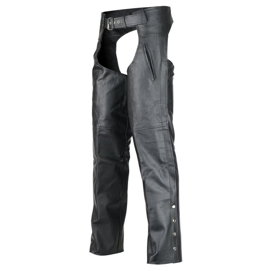 The Vance Women's Deep Pocket Motorcycle Leather Chaps, made from heavy-duty cowhide leather, feature front zipper pockets, an adjustable waist belt, and snap buttons running down the sides.
