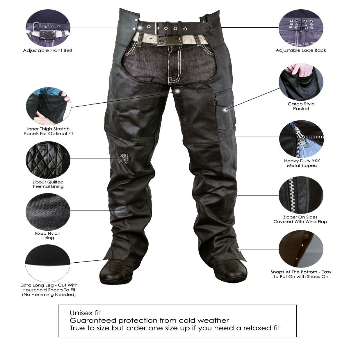 Image of black Vance Leather Zip-Out Insulated and Lined Plain Biker Leather Chaps, showcasing various labeled features including an adjustable front belt, nylon lining, cargo side pocket, and adjustable lace back. These versatile unisex chaps also come with a text at the bottom describing the product details.