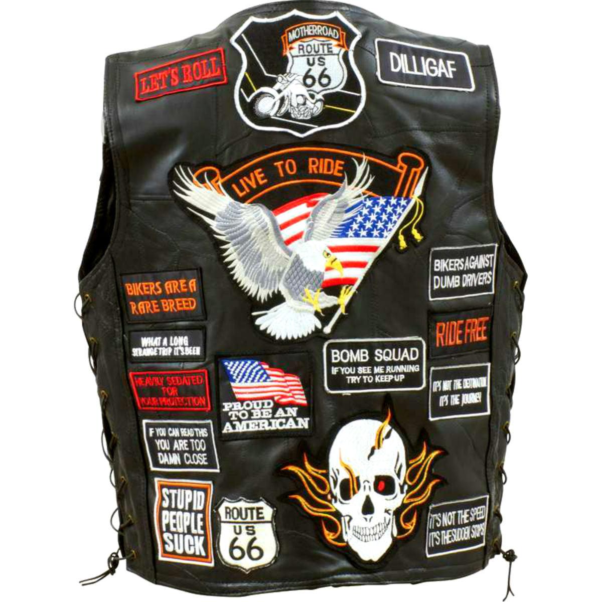 Diamond Plate™ Buffalo Leather Biker Vest with 42 Patches - American Legend Rider