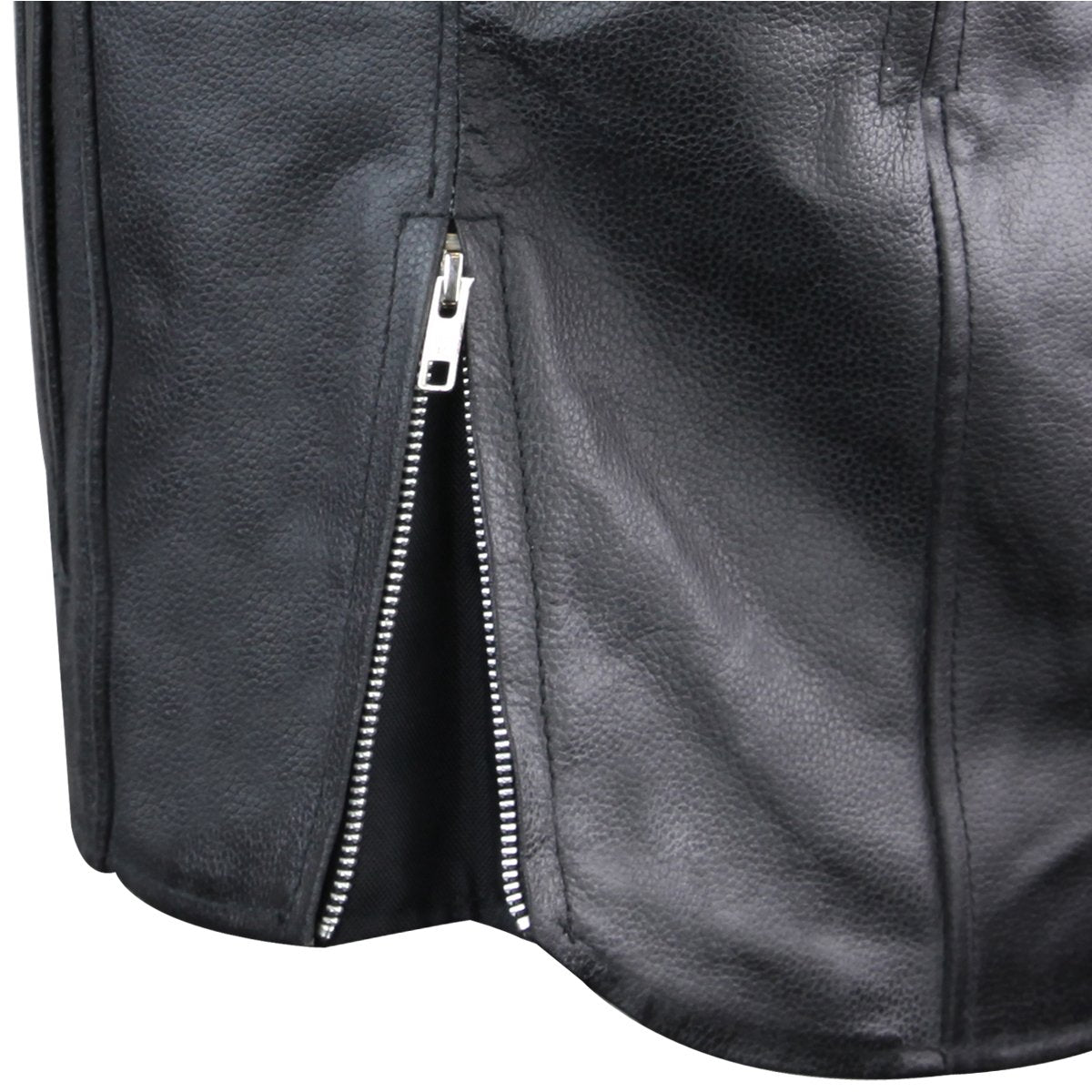 Close-up of the Vance Leather Men's Racer Jacket with Zippered Vents, showcasing a silver zipper partially unzipped along the side seam, revealing textured black leather and a sleek Euro Style Collar.