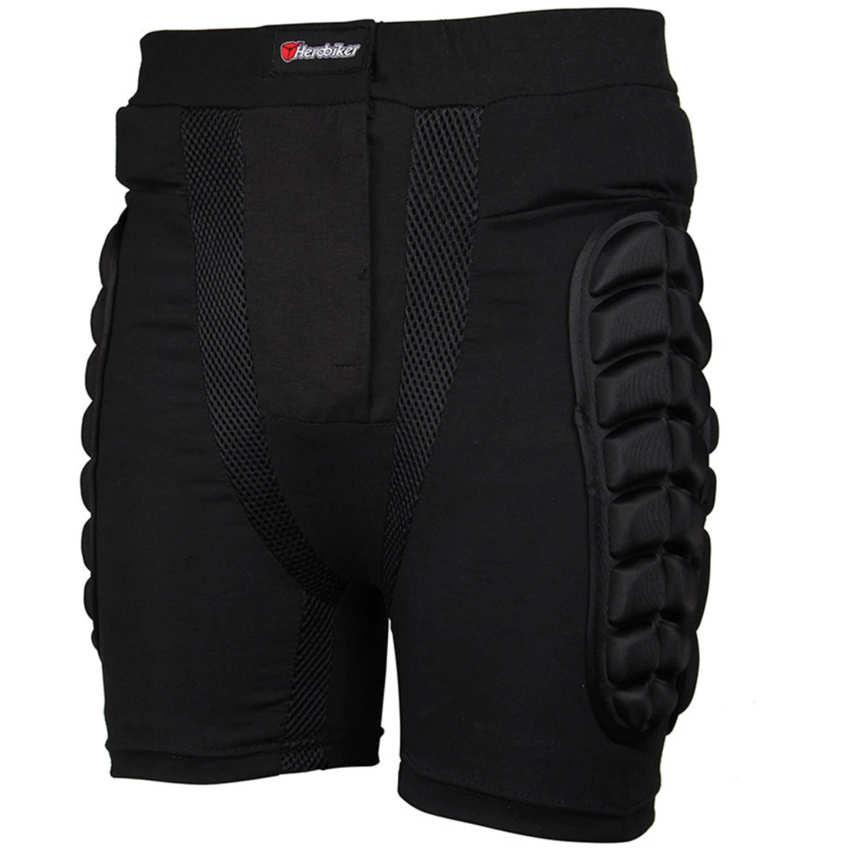 A black Motorcycle Protective Armor Pants for Men & Women with padding on the knees, serving as protective gear.
