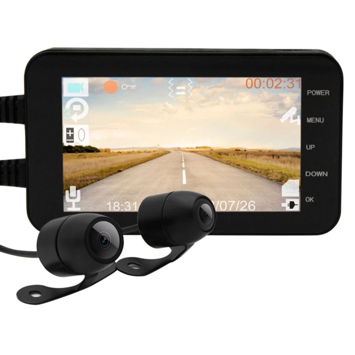 A Motorcycle Dual Lens Dash Camera Video Recorder 4 Inch HD 1080P with a camera and earphones that includes a Dual Lens Dash Cam.