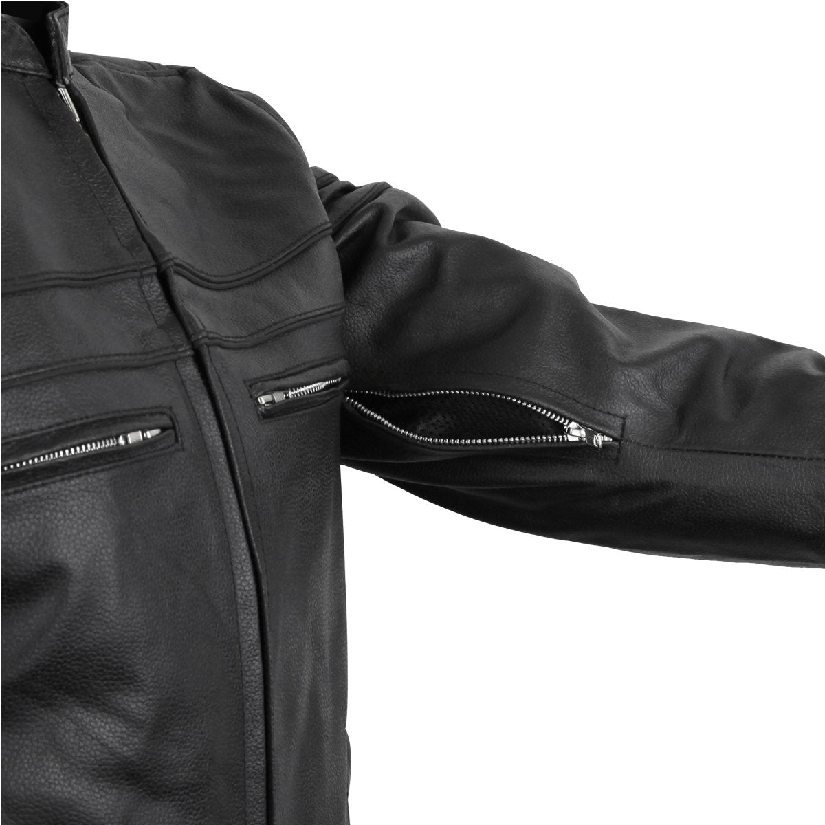 Close-up image of a person wearing the Vance Leather Men's Racer Jacket with Zippered Vents, featuring an Euro Style Collar and zippered chest and arm pockets.