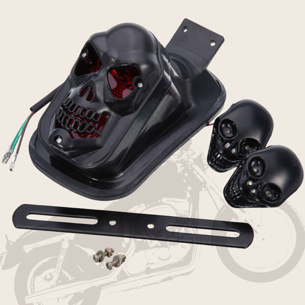 A motorcycle with a skull headlight and other accessories such as Motorcycle Skull Tail Lights with Turn Signals.