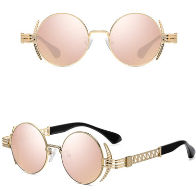 Rebellion Road Sunglasses, featuring a vintage retro design in a stunning gold and pink mirrored frame.