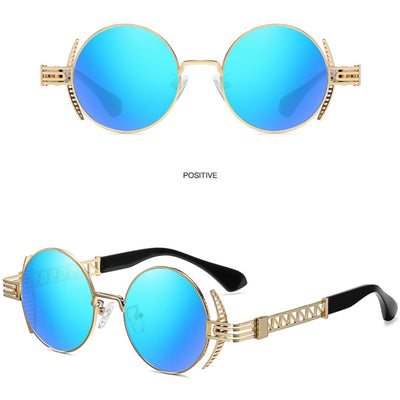 The Rebellion Road Sunglasses are a rebellious pair of vintage retro design sunglasses featuring a gold and blue mirrored lens.