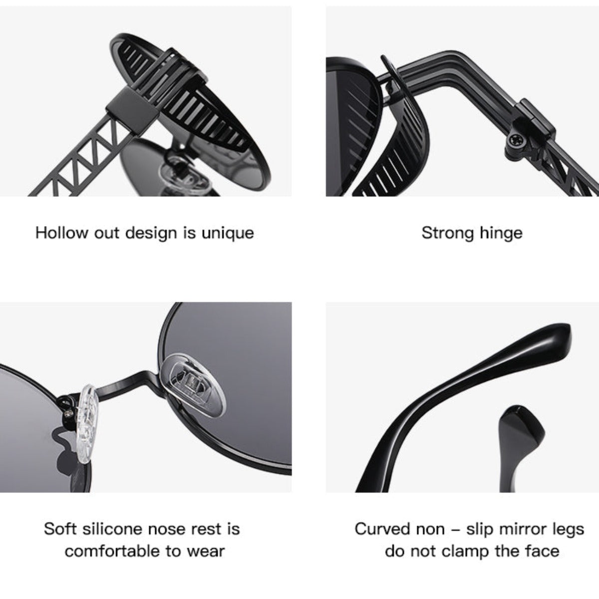 A series of images showcasing the vintage design of Rebellion Road Sunglasses, a pair of Rebellion Road Sunglasses.