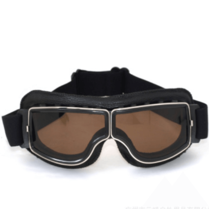 Vintage Aviator Motorcycle Goggles w/ Adjustable Strap, One Size, Black ABS Frame, Brown Lens