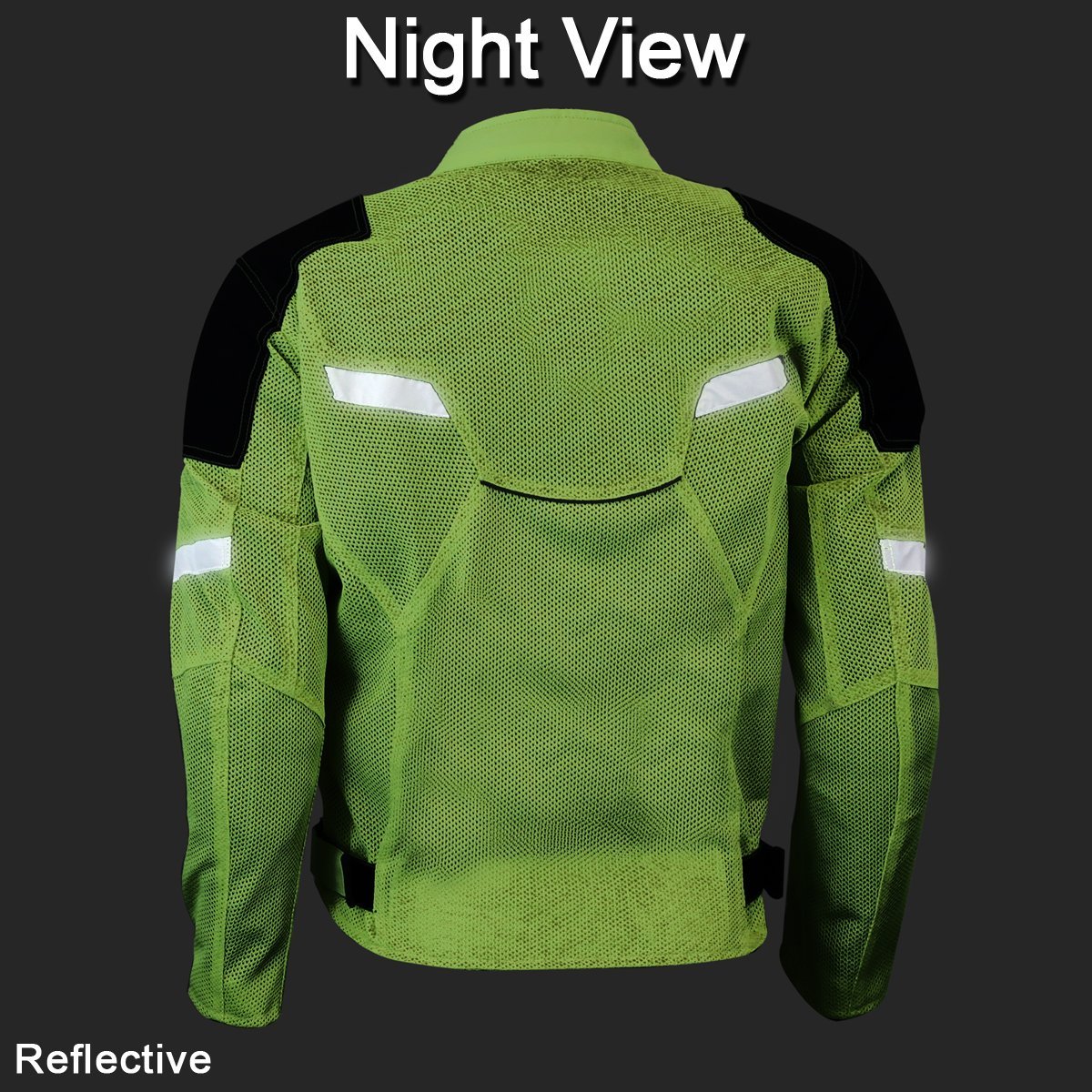 The Vance Leather High Visibility Mesh Motorcycle Jacket with Insulated Liner and CE Armor, displayed against a dark background, features reflective panels on the back and arms with the caption "Night View" emphasizing its visibility. The mesh shell ensures breathability, while CE-rated protectors provide enhanced safety for night rides.