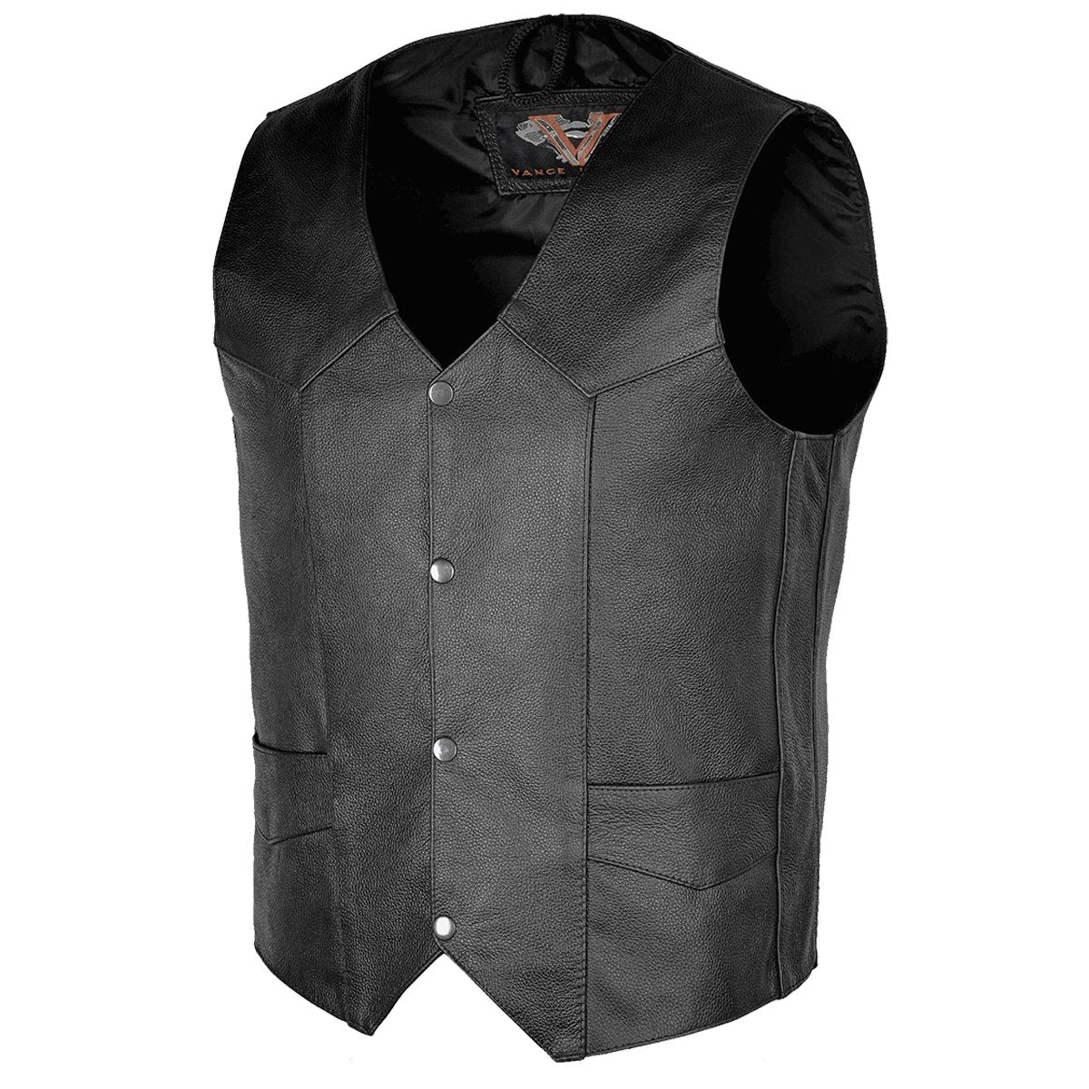The Vance Standard Leather Men's Plain Side Vest with Single Seam Back features a black leather design, snap button closure, two front pockets, and discreet gun pockets for added functionality.