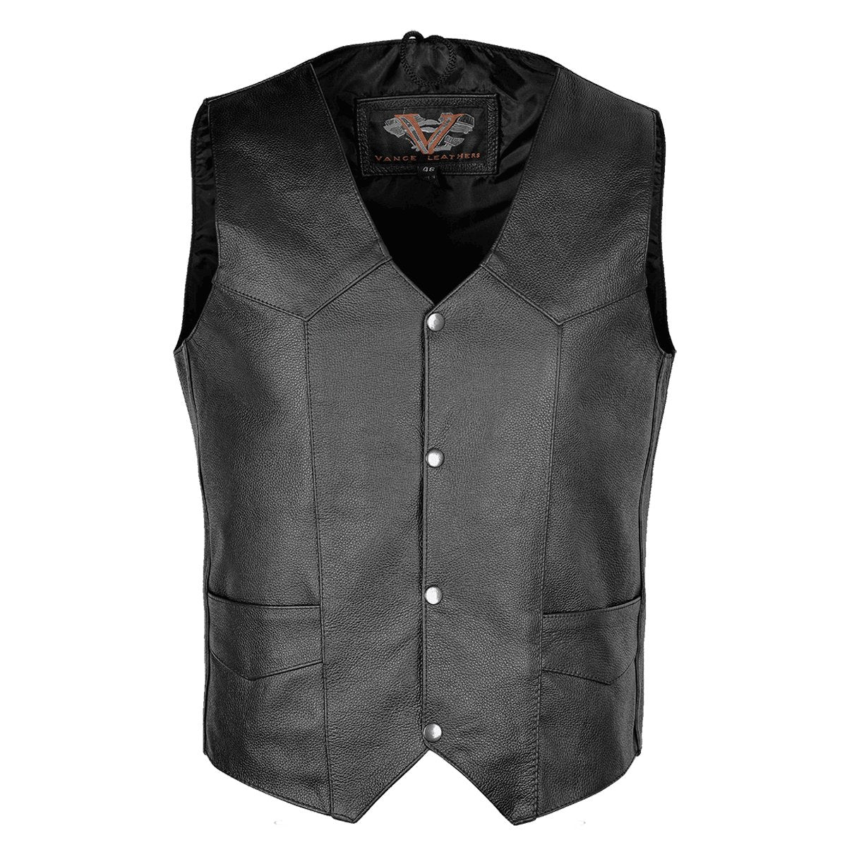 The Vance Standard Leather Men's Plain Side Vest with Single Seam Back is a black leather vest featuring a front button closure, V-neckline, and two lower front pockets. It also includes gun pockets for added convenience. The interior label reads "Vance Leather.