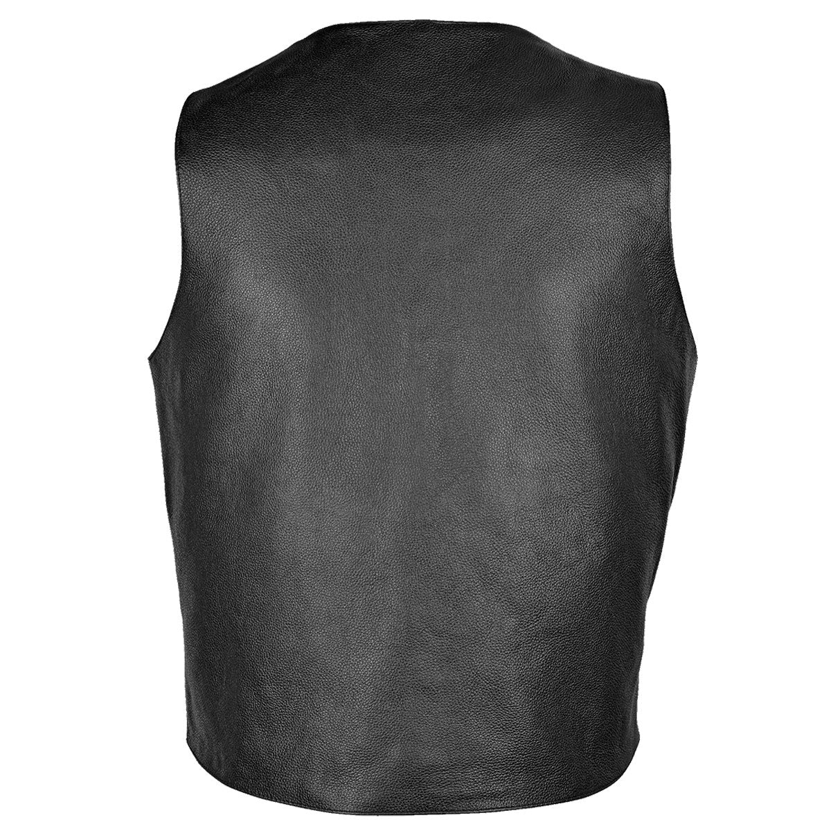 The back view of the Vance Standard Leather Men's Plain Side Vest with Single Seam Back showcases its sleek design, complete with subtle patches and convenient gun pockets for added functionality.
