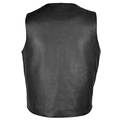 The back view of the Vance Standard Leather Men's Plain Side Vest with Single Seam Back showcases its sleek design, complete with subtle patches and convenient gun pockets for added functionality.