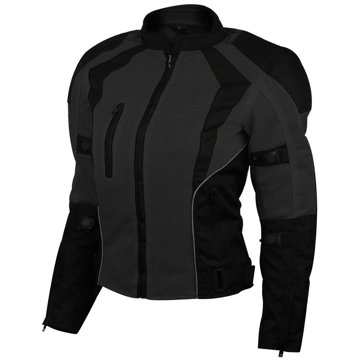 The Vance Leather Women's Advanced 3-Season CE Armor Black Mesh Motorcycle Jacket features multiple zippers, adjustable straps on the arms and waist, and C.E. rated protectors for enhanced safety.