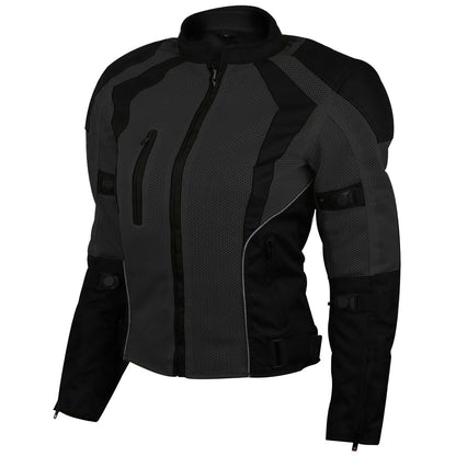 The Vance Leather Women's Advanced 3-Season CE Armor Black Mesh Motorcycle Jacket features multiple zippers, adjustable straps on the arms and waist, and C.E. rated protectors for enhanced safety.