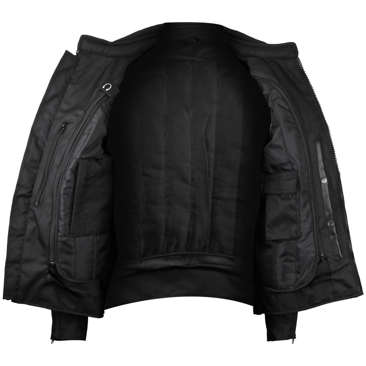 The Vance Leather Women's Advanced 3-Season CE Armor Black Mesh Motorcycle Jacket open to show the inner lining, multiple pockets, and CE-rated protectors.