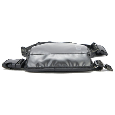 This men's multi-function chest/waist bag is a compact, rectangular gray accessory with a sleek design, featuring adjustable straps and a side release buckle closure, perfect for any occasion.