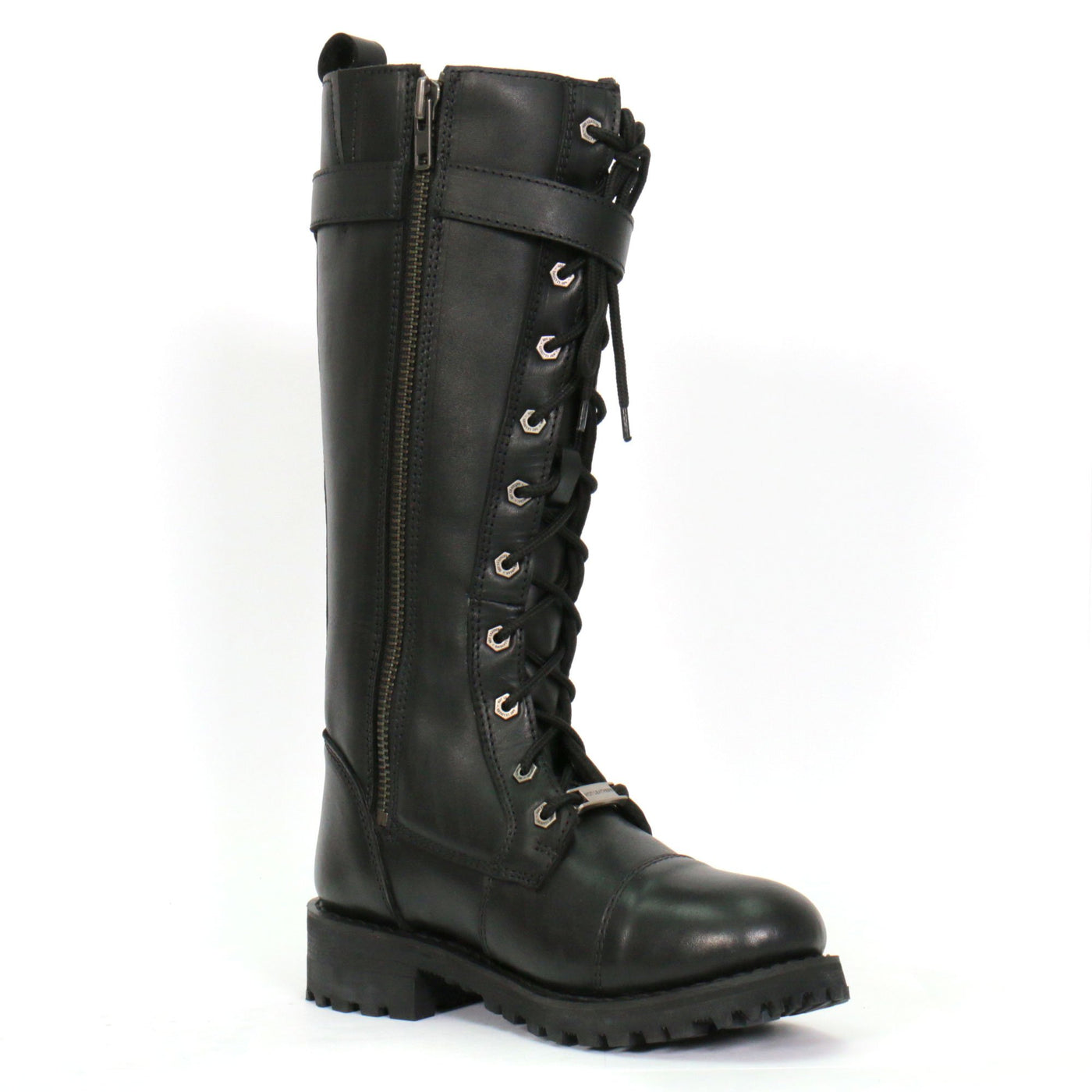Hot Leathers Women's Knee High Wild Roses Leather Boots is a women's black boot with laces and buckles made of top grain leather.