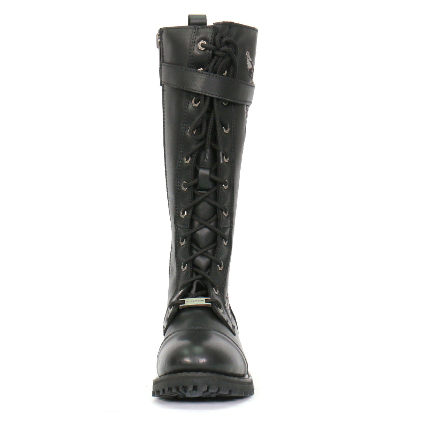 Description: Hot Leathers Women's Knee High Wild Roses Leather Boots, a women's black combat boot with laces, made of top grain leather.