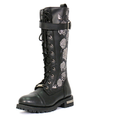Hot Leathers Women's Knee High Wild Roses Leather Boots is a women's black leather riding boot with a wild roses design.