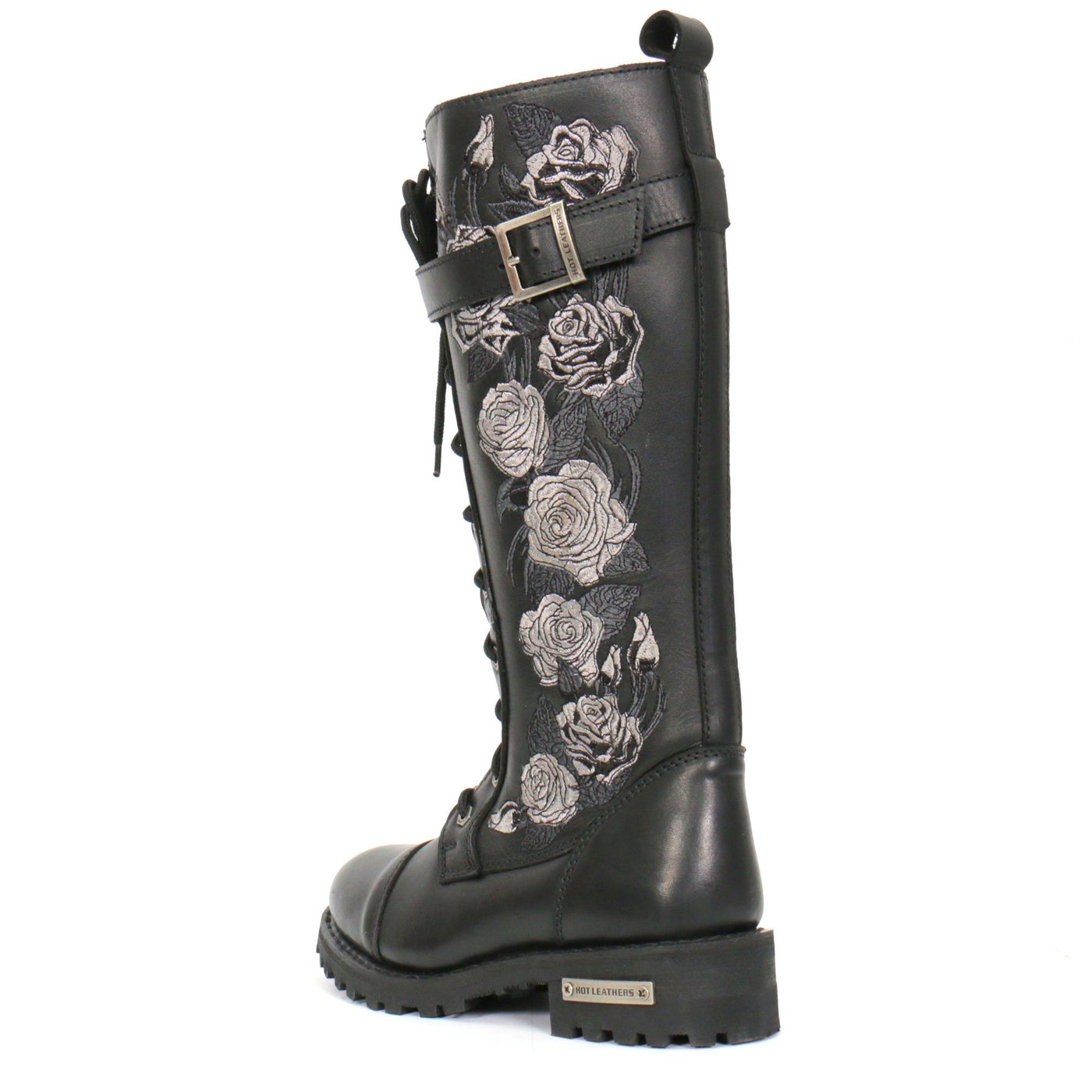 Hot Leathers Women's Knee High Wild Roses Leather Boots are a women's black boot with a wild roses design, made of top grain leather.