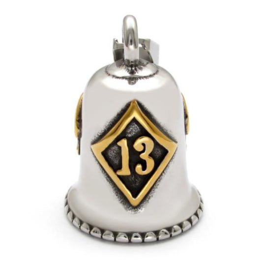 A biker's Lucky 13 Gremlin Bell with the number 13 on it.