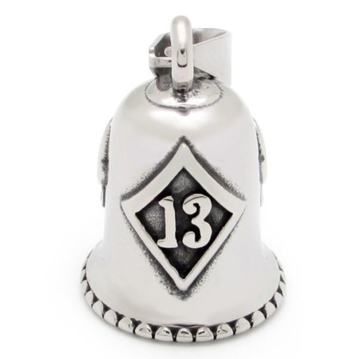 A stainless steel Lucky 13 Gremlin Bell with a lucky 13 design.