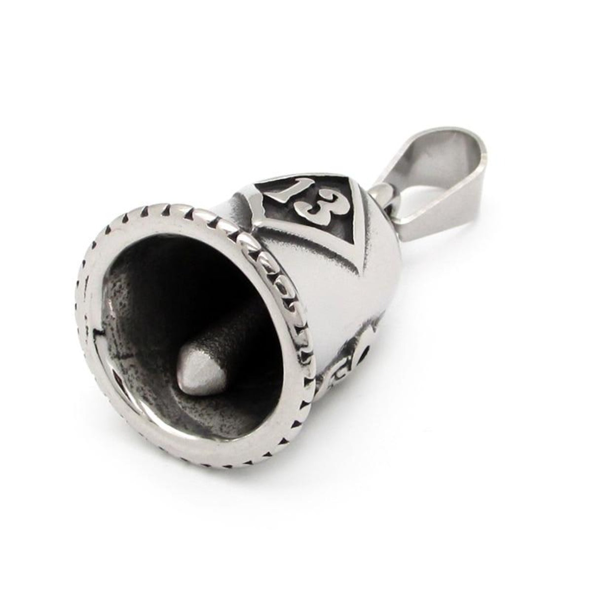 A steel Lucky 13 Gremlin Bell pendant offering protection on a white background.