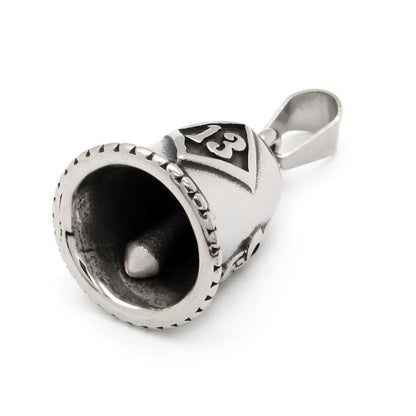 A steel Lucky 13 Gremlin Bell pendant offering protection on a white background.